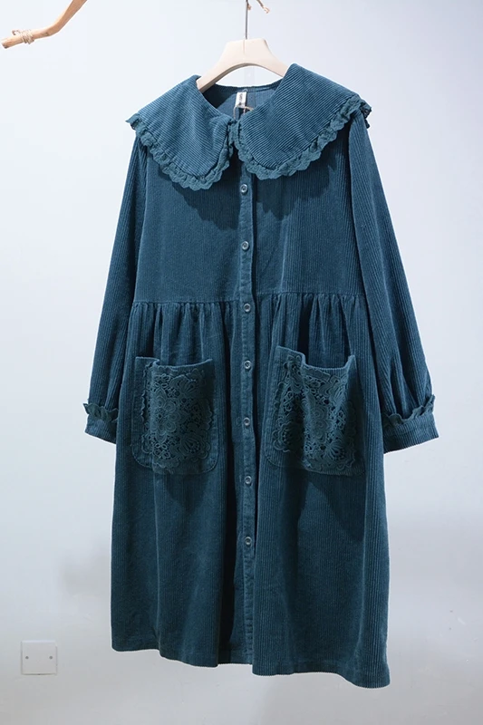 

Autumn winter dress Mori loose corduroy dress sweet solid large pockets single breasted casual dress