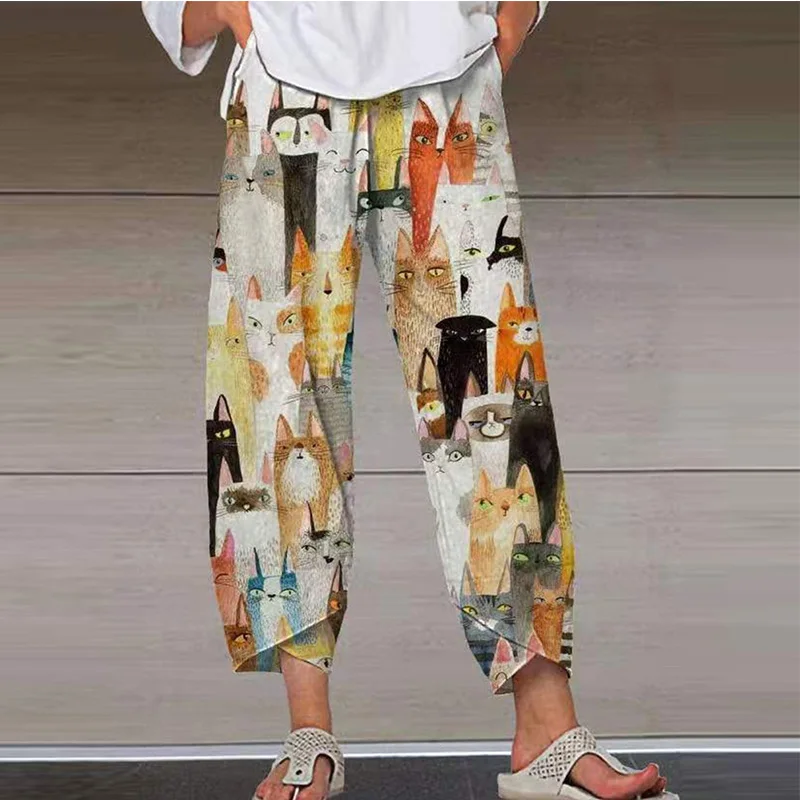 

2021 мультфильм цифровой кошка печать фонарь карманного размера плюс для женщин повседневные штаны брюки с широкими штанинами M-5XL