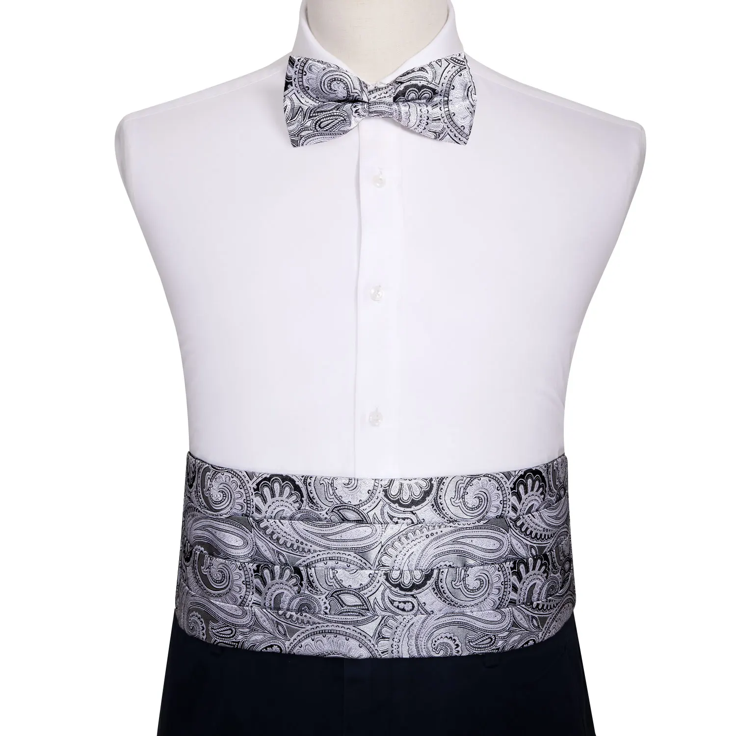 Мужской серебряный галстук-бабочка набор Цветочный серый пояс с регулируемой