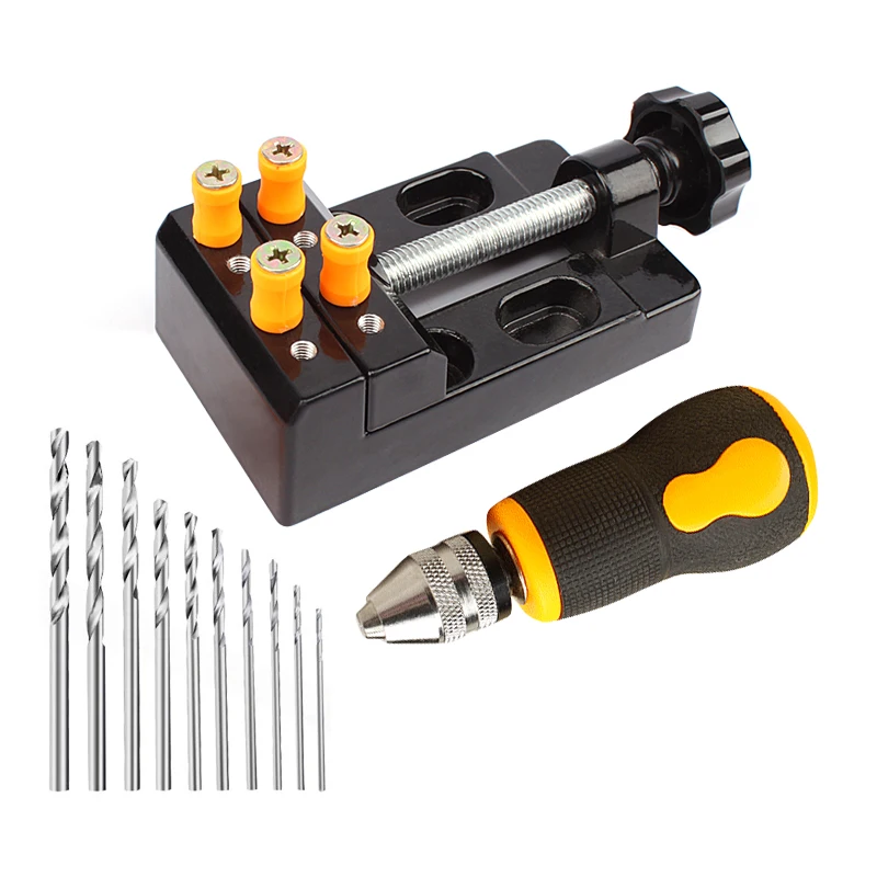 

12PCS Pin Vise Hand Drill Kit Mini Aluminium Drill Press Vise Bench Vice Tool for Wood Jewelry Carving DIY Drilling