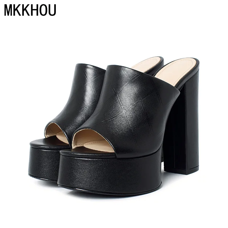 

MKKHOU Fashion Sandals Women New Summer Shoes Leather Sexy Fish Mouth Thick Bottom Thick Heel 13cm High Heel Slippers Large Size