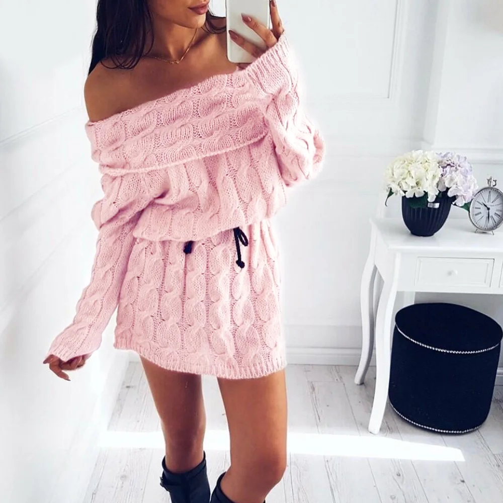 Женское вязаное платье свитер с высоким воротником однотонное повседневное мини