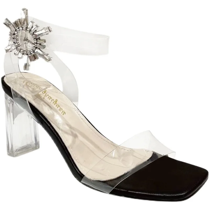 

Female Sandal Pvc Shoes High Heels Square Toe Girls Plastic Comfort Low Beige High-heeled Rhinestone Fashion Sexy Rome Scandals