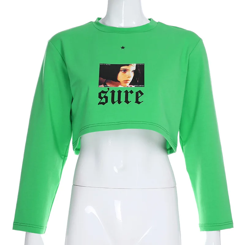 BOOFEENAA/зеленый Укороченный свитшот с капюшоном и принтом головы для девочек