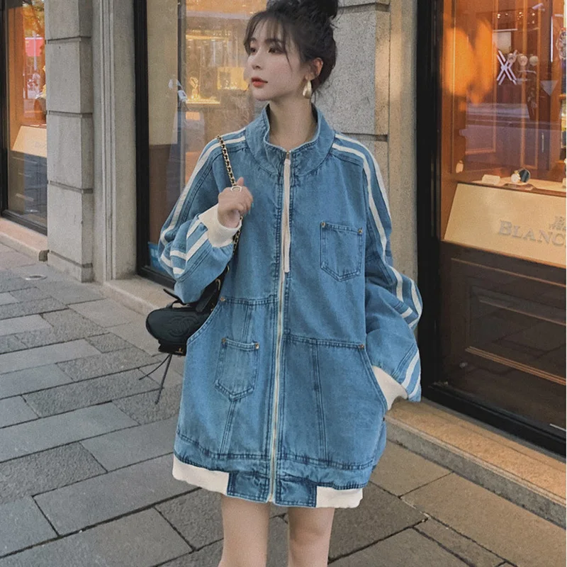 

coat Female blue denim jacket 2020 autumn new Two bars stitching loose light handsome stand-up collar fashion short jacket 3S