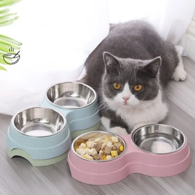 

Two in one Wheat Straw Pet Bowls Dog Food Water Feeder Stainless Steel Cat Drinking Dish Feeder Kitten Puppy Feeding Supplies