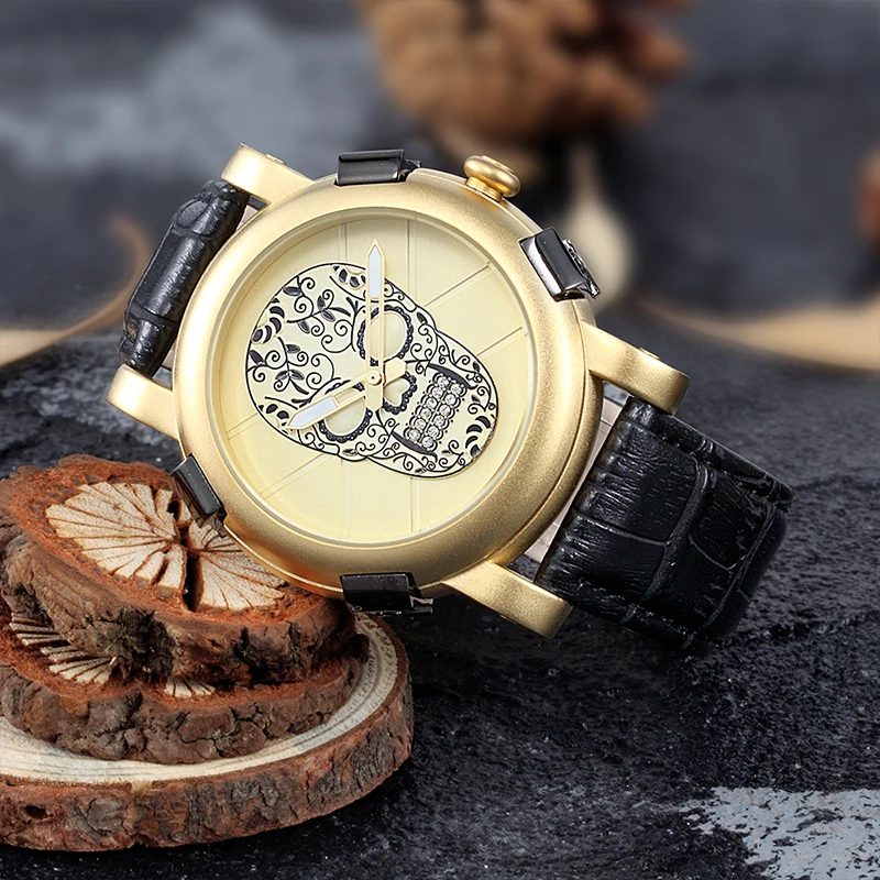 SKONE 3D череп уход за кожей лица часы Для Мужчин's Элитный бренд кожа кварцевые