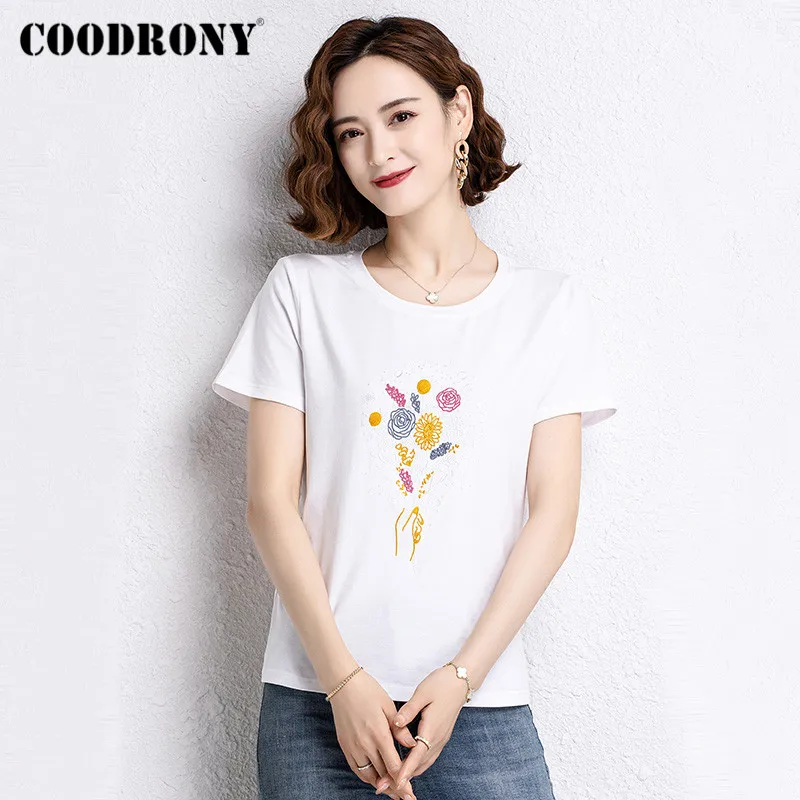

COODRONY Brand Summer Harajuku Casual Women‘s Floral Tops 2021 Streetwear Elegant Fashion Female Thin Cotton T-Shirts W5053S