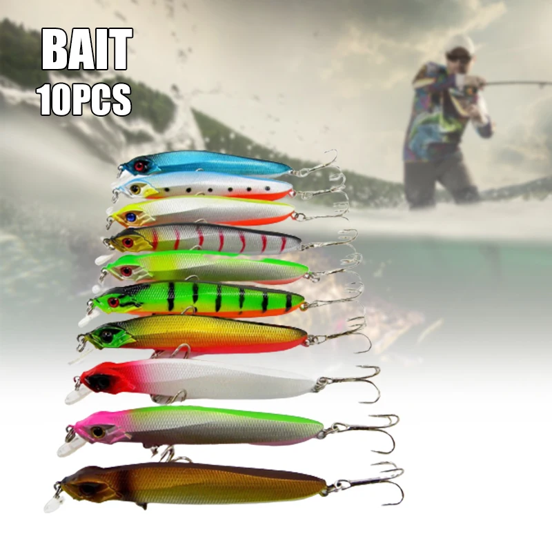 

10 PCS Bionic Fish Lure Wobbler Baits with Hook & Built-in Bell Hard Fishing Supplies for Bass Trout Salmon 10 cm XR-Hot