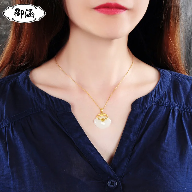 

Yuhan Gold Inlaid with Jade Pendant Women's Natural Hetian Jade White Jade Pendant Pure Gold Jade Baifu Safety Lock Necklace Jad