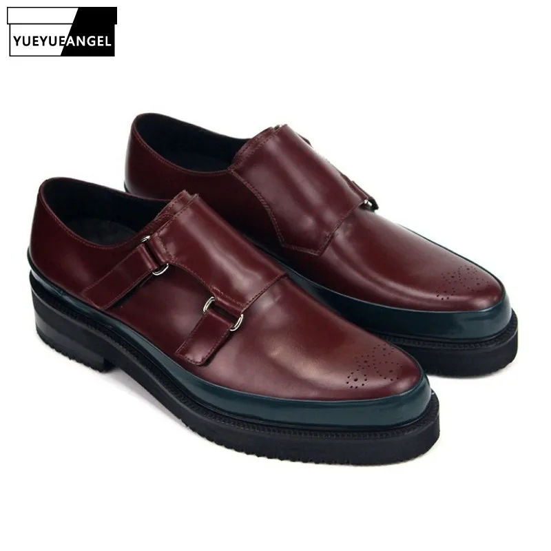 

Top Quality Mens Thick Platform Genuine Leather Shoes Pointed Toe Business Man Footwear Buckle Casual Wing Tip Office Work Shoes