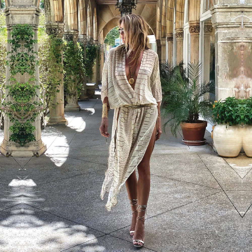 2021 Boho Sexy Striped Chiffon Bathing Suit Cover-ups Plus Size Beach Wear Kimono Dress For Women Summer Swimsuit Cover Up A790