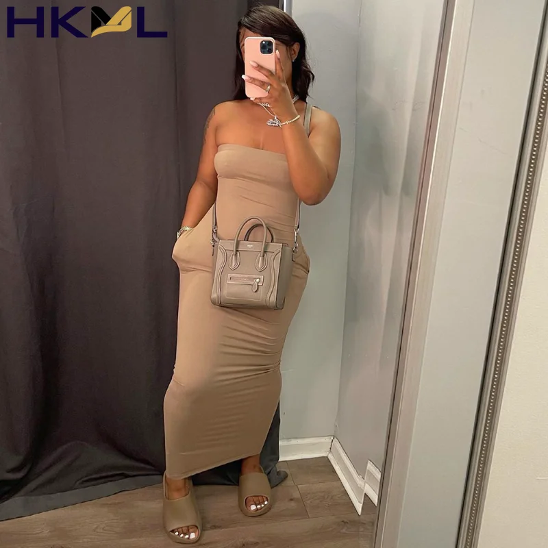 

Sexy fashion sense Tube Top Long Dress with Pockets Plus Size Casual Summer Dresses for Women 2021 Wholesale Items