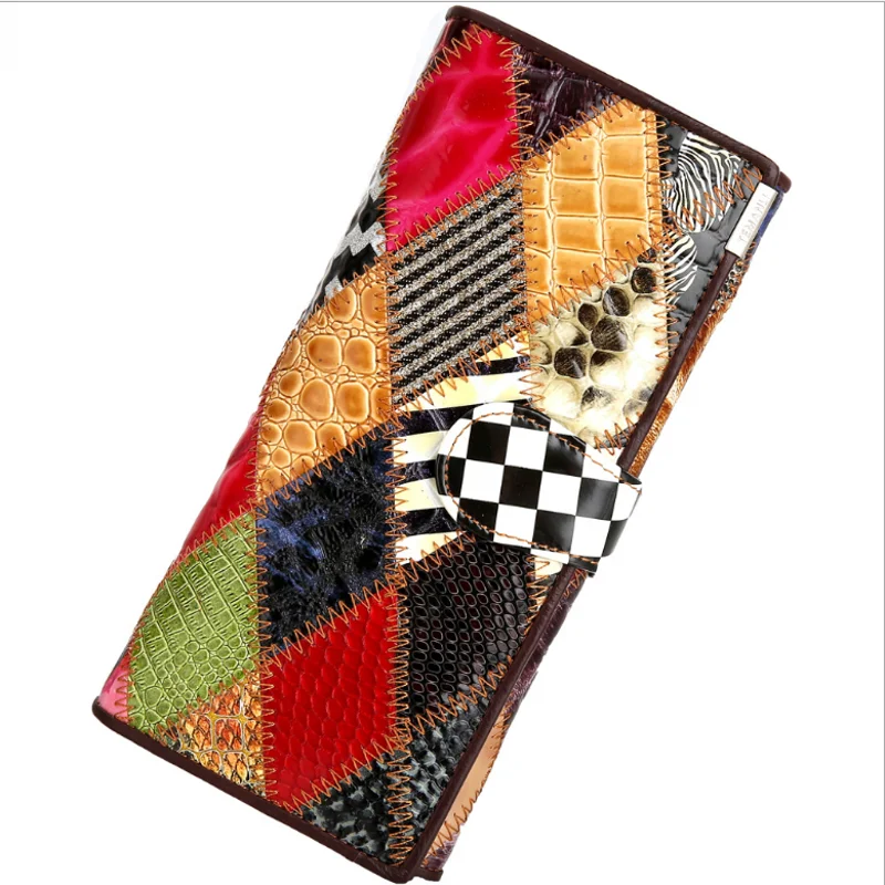 

2023 New Women Wallet High Quality Patent Leather Long Money Clutch Bag Fashion Cow Skin Plaid Flower Lady Hasp Purse