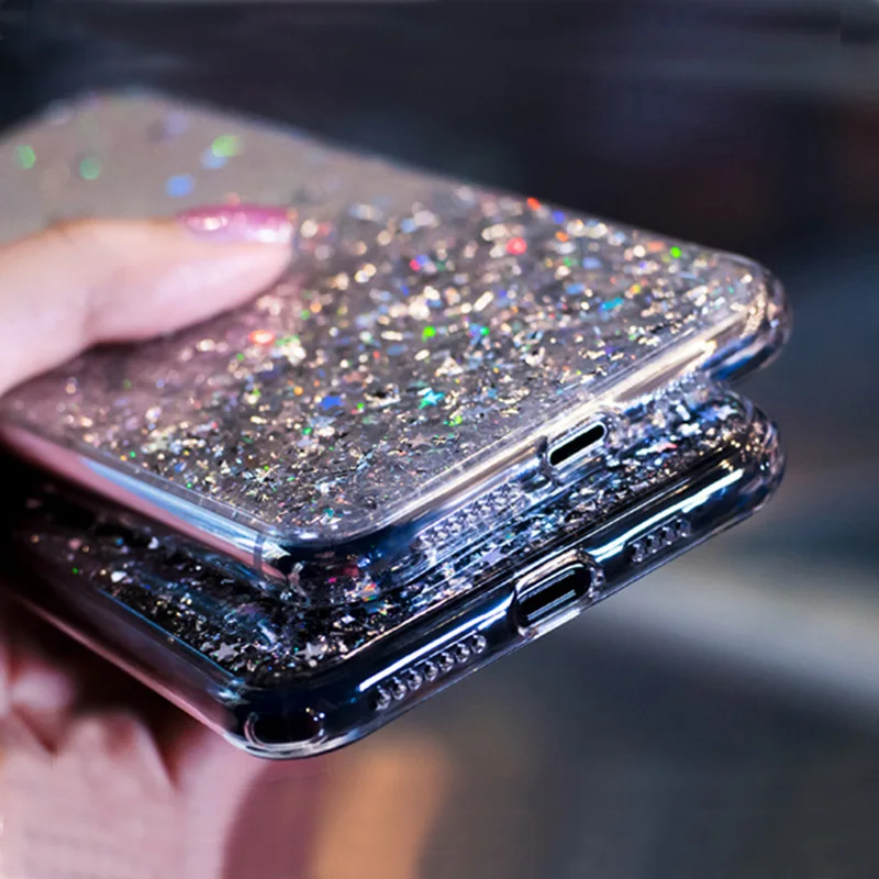 Блестящий Прозрачный чехол со звездами для iPhone 11 Pro X XR XS MAX 7 8 6s для samsung S10 S9 S8 Plus Note 10Pro 8 9 A10A20A30 A40A50A70