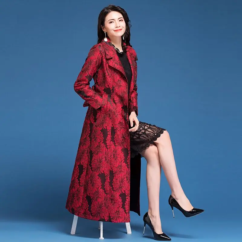 Осень весна 2019 корейский женский Красный жаккардовый цветочный Тренч с высокой