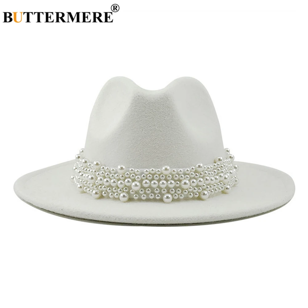

BUTTERMERE Jazz Fedora Hats Casual Women Pearl Felt Hat White Pink Yellow Blue Red Woolen Panama Trilby Formal Party Cap 58-61CM