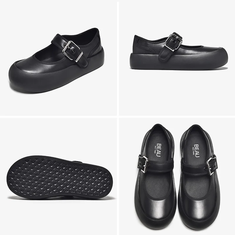 

BeauToday Chunky Lolita Shoes Women Calfskin Leather Round Toe Buckle Strap Thick Sole Ladies Casual Flats Handmade 28412