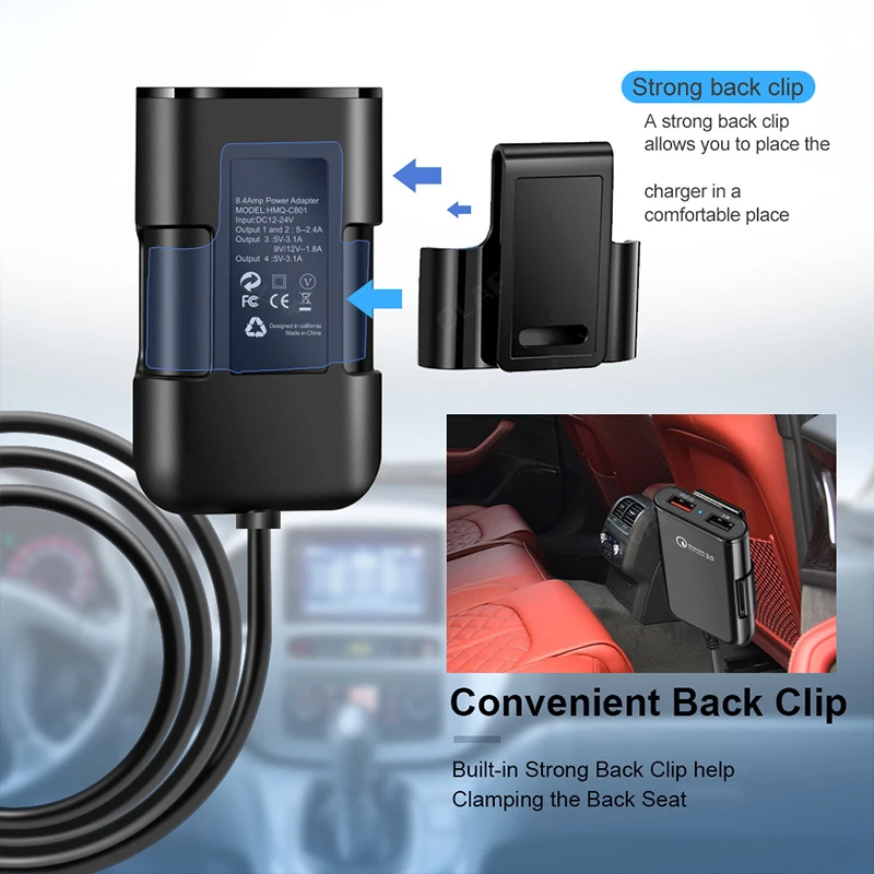 QC3.0 автомобильное зарядное устройство с креплением на заднюю панель USB 4