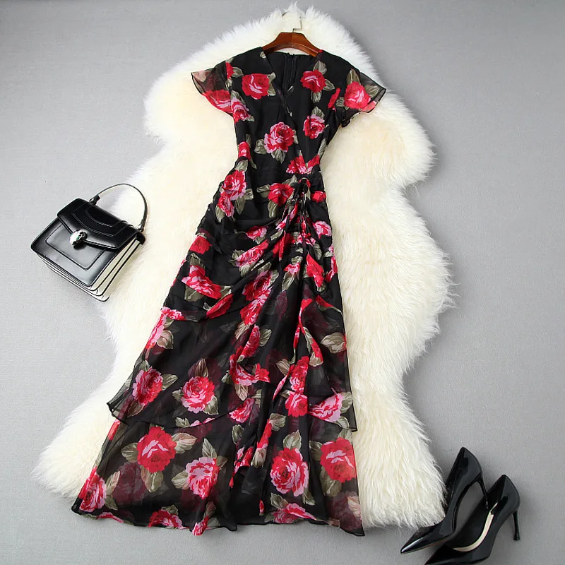 

Женское платье макси с цветочным принтом, модельное элегантное драпированное платье с V-образным вырезом, лето 2020