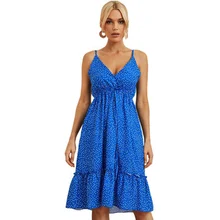 Azul polka dot vestidos 2022 novo verão sexy cinta de espaguete sem costas com decote em v babados midi vestido de praia de cintura alta para mulher (3)