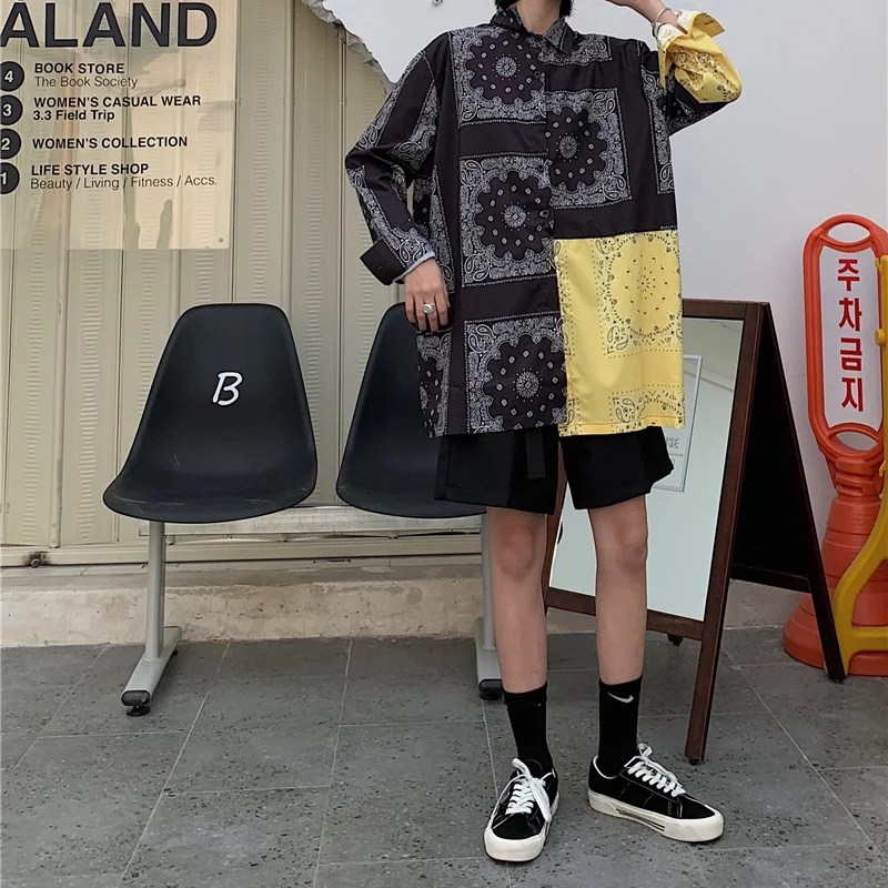 

Harajpoo Women Shirts Harajuku Summer Korean Ins Design Sense Stitching Cashew Flower Couple Blouses Thin Loose Long Sleeve Tops