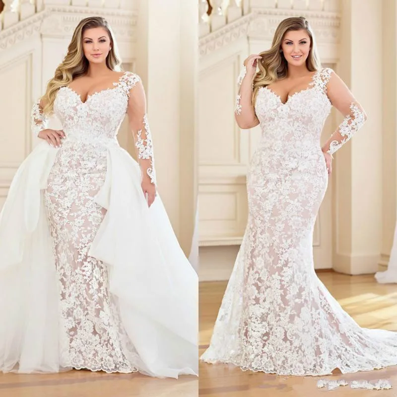 

Plus Size Mermaid Wedding Dresses with Detachable Train 2020 Lace Applique Long Sleeve Trumpet Vestidos De Novia Wedding Gowns