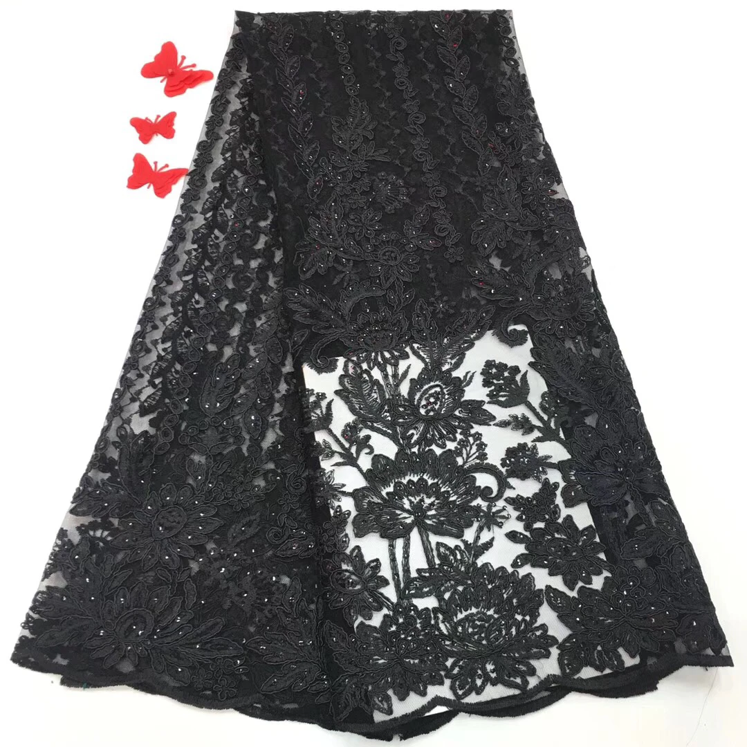 

African Net Lace fabrics High Quality 2018 Fashionable Black and White Lace Fabric With 3D Flower Nigerian Lace Dress R85
