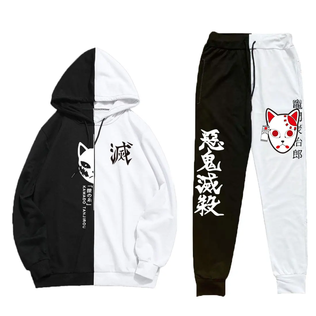 

Summer Anime Demon Slayer Men's 2 Pieces Sets Hoodie Tanjiro Print Printing Double Color Hoodies+PatchworkPants Thin Clothing