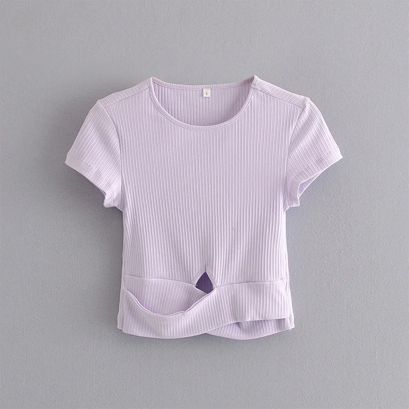 

Summer women's T-shirt casual solid color round neck short sleeve hollow slim knit T-shirt