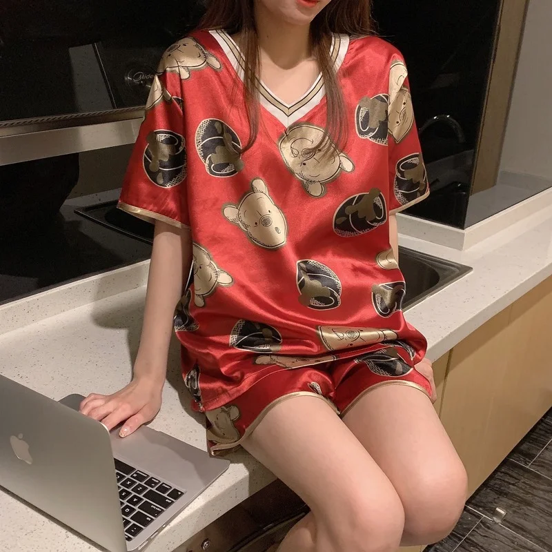 

Summer ice silk pajamas women's short-sleeve two-piece summer simulation silk thin section cute and sweet casual home wear