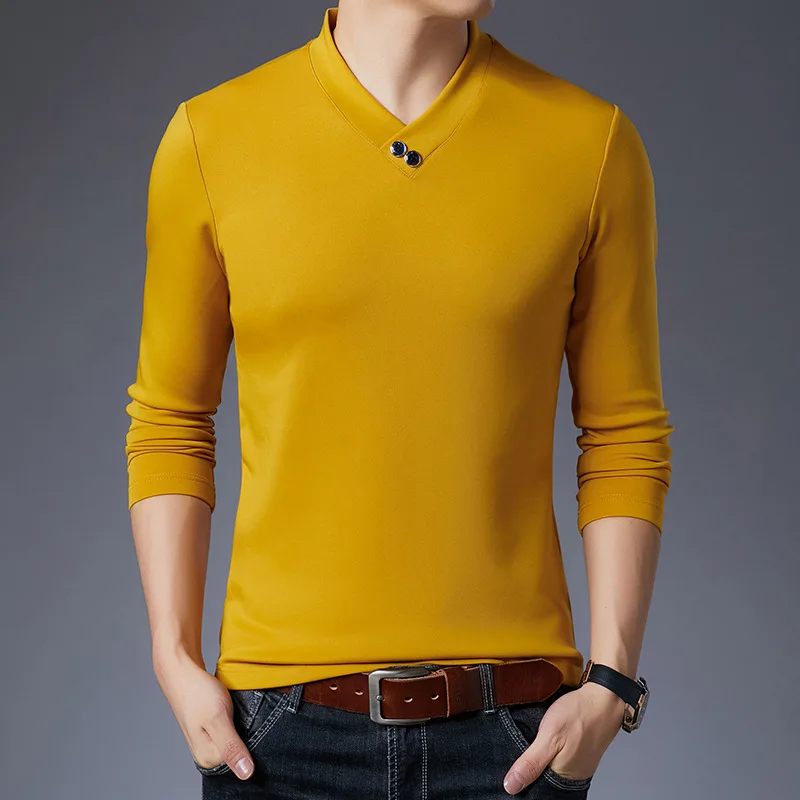 

New SpringAutumn Elastic Slim Basic V Neck Men's T-Shirts Casual Long Sleeve Top Tee Brand Men Clothing Fashion Stretch Sporting