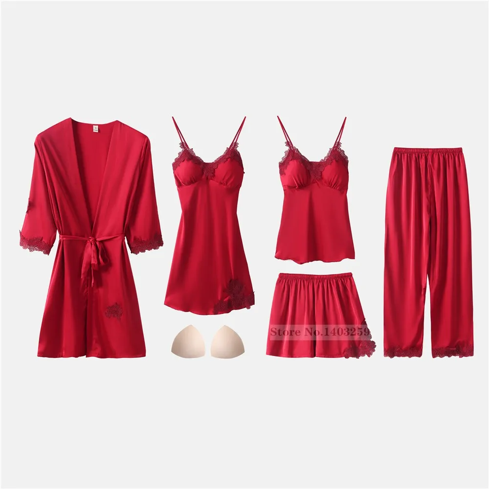 

5PCS Pajamas Set For Women Spring Summer Kimono Bathrobe Gown Sexy Lace Trouser Suits Loungewear Silk Home Clothes Wedding Robe
