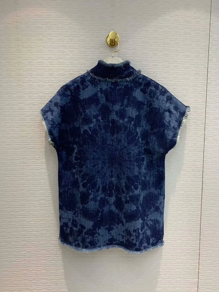 

2020 Early Spring Women's New Fashion Elegant Special Design Ruffled Sleeve Print Denim Top Size S M L