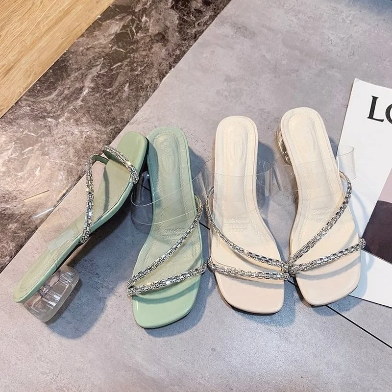 

New Open Toe Fashion Casual Rhinestone Sandals Women's Thick Heel Transparent Mid High Heels Shoes Women Slippers