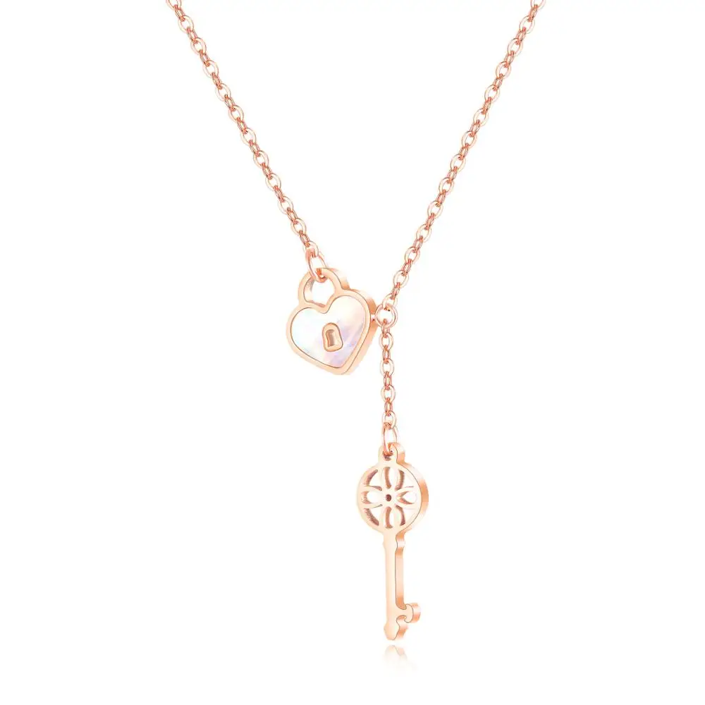 

Trendy Lovely Titanium Stainless Steel Heart White Shell Key Necklaces Rose Gold Pendant Chain Necklace For Xmas Gifts