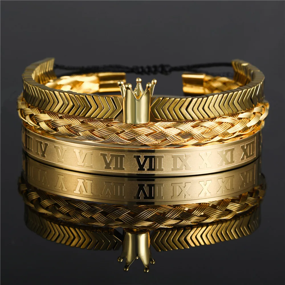 

Luxury Roman Royal Crown Charm Bracelet Men Stainless Steel Geometry Pulseiras Men Open Adjustable Bracelets Couple Jewelry Gift