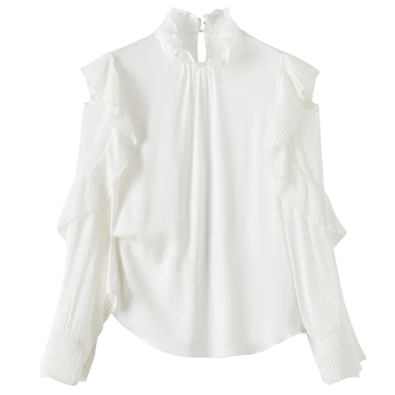 

100%Silk Blouses 2021 Spring Summer Tops Women Hollow Out Sexy Long Sleeve Elegant White Pure Silk Shirt Blusas Feminino XL Size