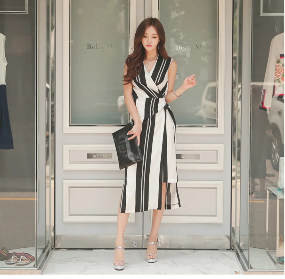 

VICONE New 2021 Women Summer Fashion V-neck Vestidos Office Lady Sleeveless Irregular Stripe Lace Up Female Midi Dress