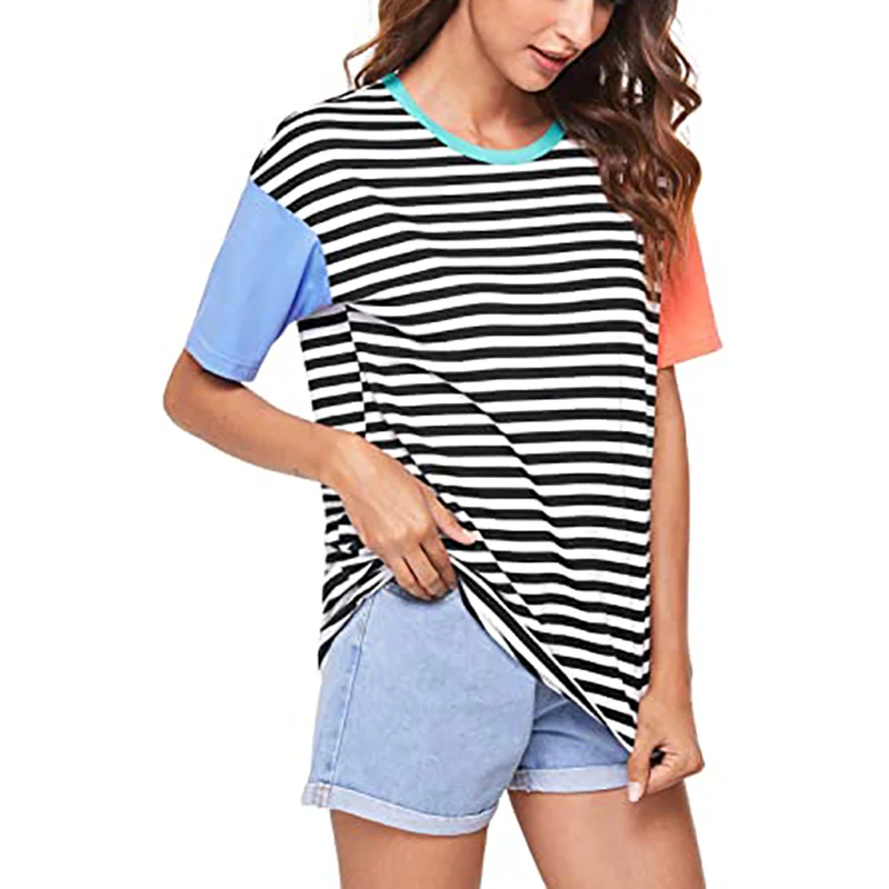 

New Summer Colors Sexy Strip Patchwork Women Plus Sizes Cotton Loose Casual Vintage Fashion T Shirts Tops Tees