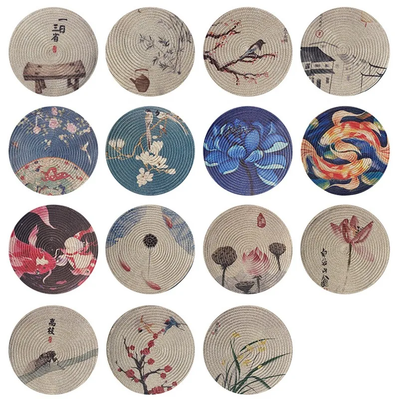 

Round Woven Placemat Chinese Ink Painting Tea Art Mats Anti-slip Elegant Decorative Table Mats Home Decor Hotel Heat Insulation