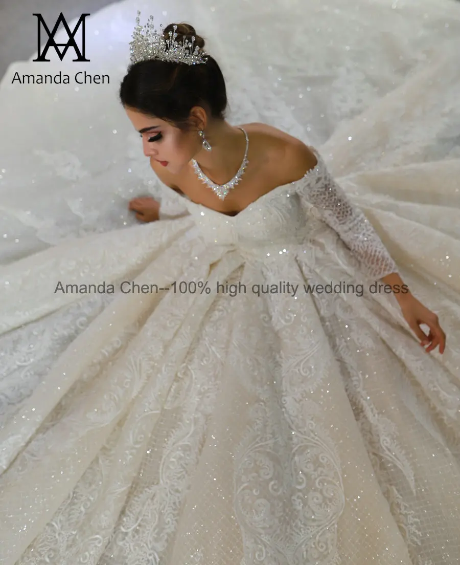 Robe de mariee с открытыми плечами Длинные рукава Кружева Аппликация блестящее свадебное платье цвета шампанского