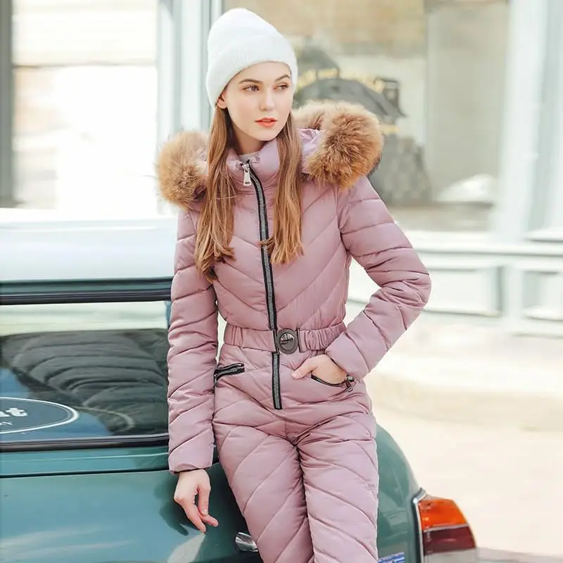 Women's Winter Parka Fashion Slim Coat Solid Hooded Fur Collar Warm Snow Jacket With Belt | Женская одежда