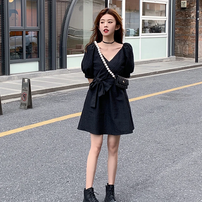 

Korean Elegant Vintage Mini Dress Female 2021 Summer Women Short Sleeve Kawaii Sweet Fairty Party Dress V-Neck One Piece Dress