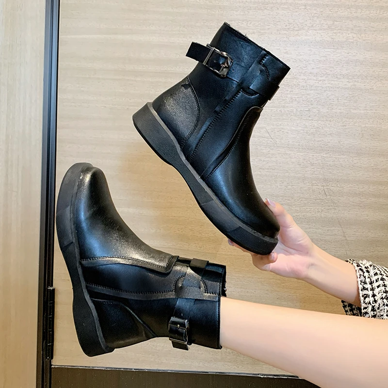 

Chelsea Boots Chunky Boots Women Winter Shoes PU Leather Plush Ankle Boots Black Female Autumn Fashion Platform Booties