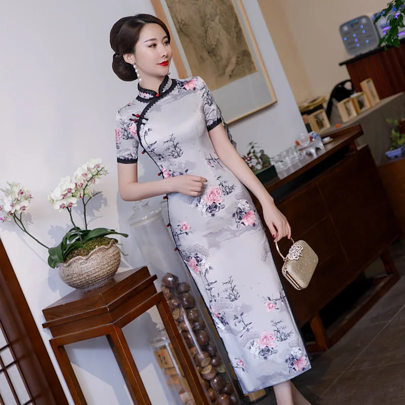 Cheongsam китайское платье винтажное с цветочным принтом женское традиционное