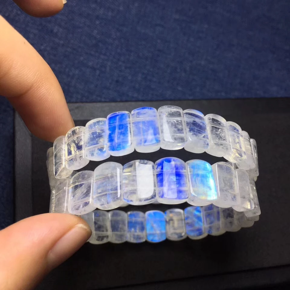 

Natural Blue Light Moonstone White Gems Rectangle Bead 12x7mm Stretch Bracelets Bangles Women Female Certificate AAAAA