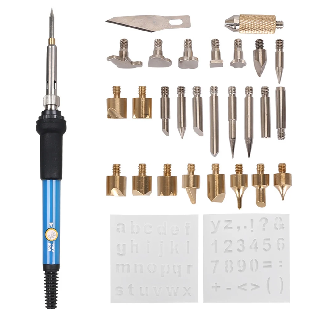 

28 in 1 Electric Soldering Iron Carving Pyrography Tool Wood Burning Kit with Soldering Iron + Tips + 2 Stencils + Pen Holder