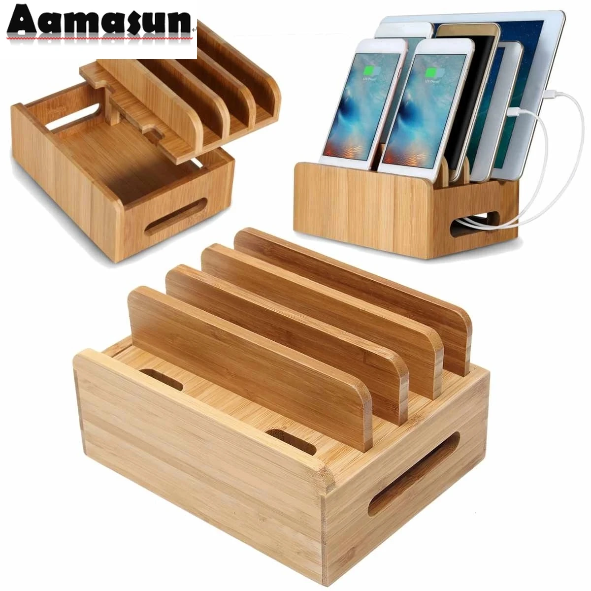 Bamboo Holder for iPhone Stand for Samsung Phone Cords Charging Station Docks Organizer for Smart Phones and Tablets USB Charger