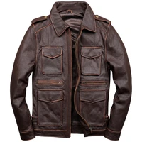 2020 New Mens Hunting Jacket Cowhide Coat Lapel Motorcycle Jacket Brown Leather Jacket Mens Casual Coat